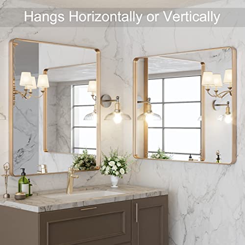 Loaao 30”X36” Gold Bathroom Mirror, Rounded Rectangle Gold Frame Mirror, Brushed Gold Bathroom Vanity Mirror Wall-Mounted, Anti-Rust, Tempered Glass, Hangs Horizontally Or Vertically #TOP3