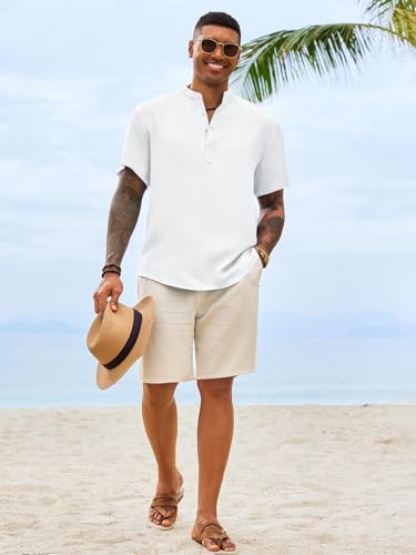 Image of Runcati Mens Casual Henley Shirt Short Sleeve Band Collar Textured Shirts Summer Beach Hippie T-Shirts