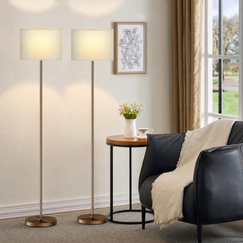 Image of Ambimall 60'' Modern Floor Lamp Set of 2, 2PK Tall Lamps for Living Room Bedroom, Beige Shade with Brown Pole(Without Bulb)