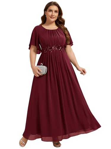 Robe formelle bordeaux masquant les rondeurs avec élégance en mousseline col rond