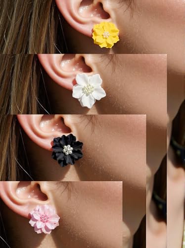 4 Pairs Colourful Floral Pearl Earrings Set Statement Cute White Black Yellow Big Hibiscus Pearls Flower Stud Earring Stacks Jewelry Pack for Women2