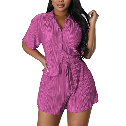Conjunto feminino de 2 peças para o verão de manga curta com botões e shorts com cordão, liso, pliss