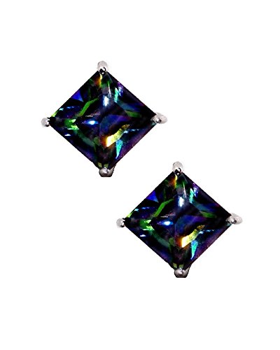 Rainbow Peacock Multi Color Square Princess Cut CZ Basket Set Sterling Silver Stud Earrings 6mm