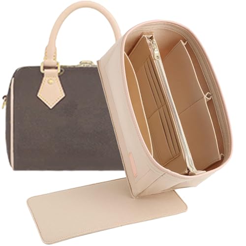 Image of Doxo Purse Organizer Insert for Handbags & Base Shaper Combination,Tote Bag Organizer Insert with 6 Sizes,Compatible with LV Speedy & Neverfull ON THE GO and More (L-Beige)