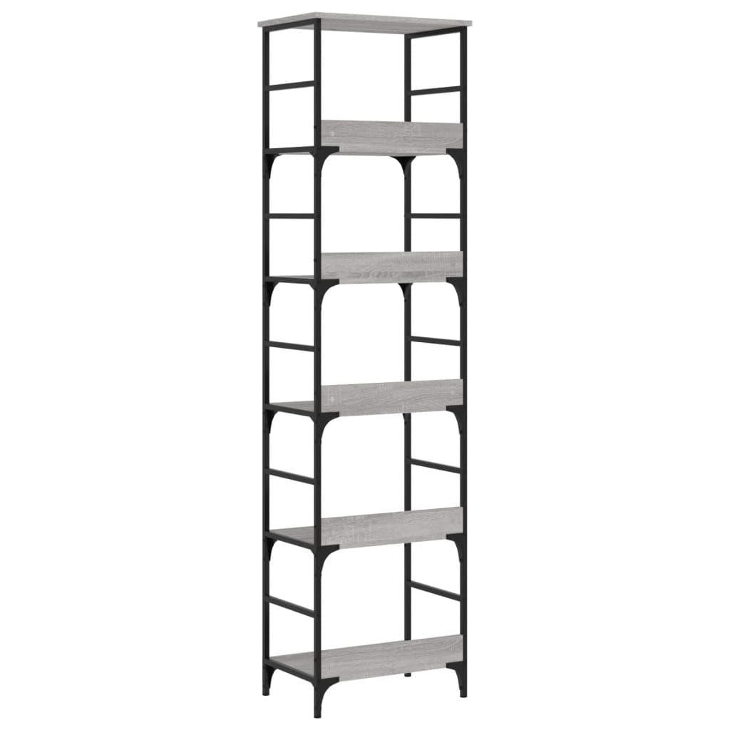 5-Tier Bookshelf Gray Sonoma 50x33x189 cm Engineered Wood & Steel Frame Modern Industrial Style Office Storage Shelf for Living Room Bedroom Corridor