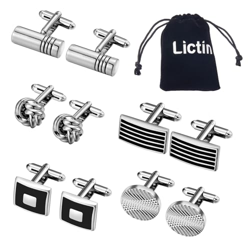 Lictin Mens Cufflinks Cuff Links for Men 5 Pairs Stainless Steel Classic Tone Cufflinks Black Striped Cuff Links Shirt Suit Cufflinks