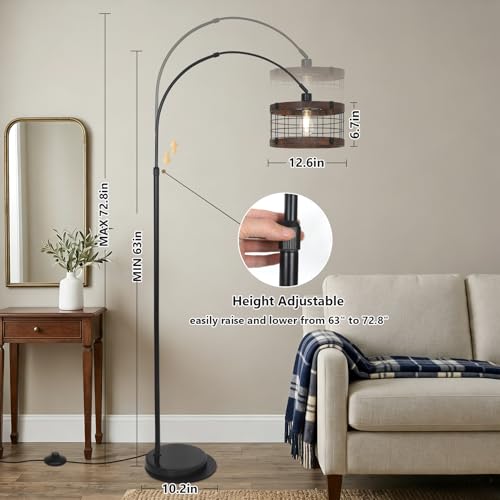 Image of Arc Floor Lamps for Living Room with Remote and Dimmable LED Bulb, Vintage Wood Floor Lamp for Bedroom, Farmhouse Standing Lamp for Corner, Industrial Black Tall Lamp, Over Couch Arched Reading Light