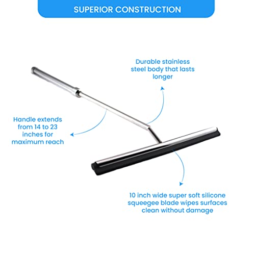 Image of Shower Squeegee with Long Handle and Adhesive Hook. for Glass Doors, Tile Walls, Mirrors and Windows. Telescoping Squeegee for Cleaning. Bathroom Stainless Steel Squeegee, 10inch Wide, Chrome - 1pk