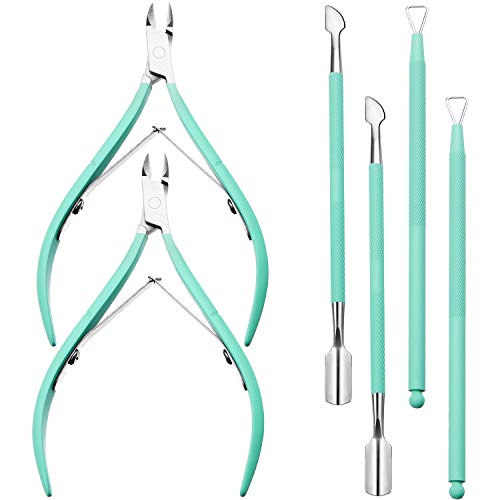 6 Pieces Cuticle Trimmer with Cuticle Pusher Cuticle Remover Nail Cuticle Nipper Stainless Steel Cuticle Pusher and Cutter for Fingernails and Toenails (Green)