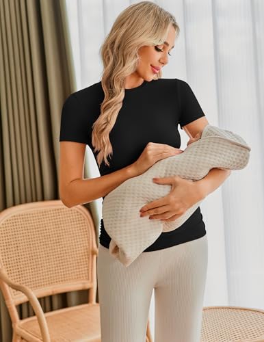 Ekouaer Maternity T Shirts for Women Summer Short Sleeve Pregnancy Tops Tunic Pack Black/Burgundy Red/Army Green S — view 2