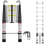 4,4 m Teleskopausfahrleiter, 4,4 m Metall mit 2 Haken, rutschfeste Gummifüße – Tragbar, belastbar bis 150 kg, vielzwecktauglich und zusammenklappbar für Innen- und Außeneinsatz