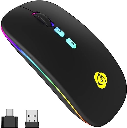 CC Store Raton Inalambrico, Ratón Bluetooth LED, 7 Colores, Raton Inalambrico Silencioso con Receptor USB de 2,4 GHz y Tipo C, 3 dpi (800/1200/1600), Compatible con iPad/PC/Mac/Windows