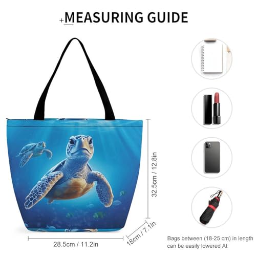 Women Tote Bags with Handles Turtle in Blue Water Shoulder Bag with Zipper Handbags Shopping Bags Travel Bag Beach Bag Reusable Grocery Bag for Swim Holiday Gift2