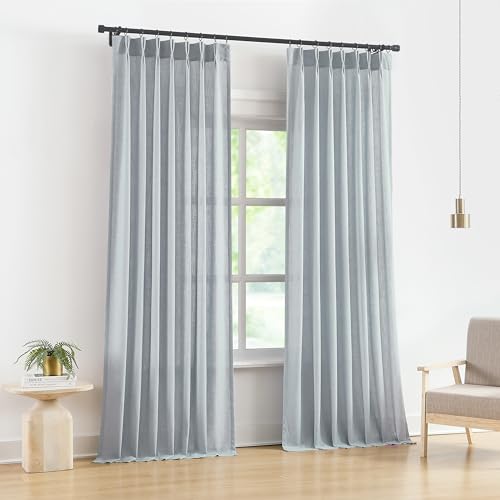 Image of Vision Home Blue Pinch Pleated Semi Sheer Curtains Linen Blended Light Filtering Window Curtains 90 inch for Living Room Bedroom Pinch Pleat Drapes with Hooks 2 Panels 40 inch Wx90 L,Blueish Gray
