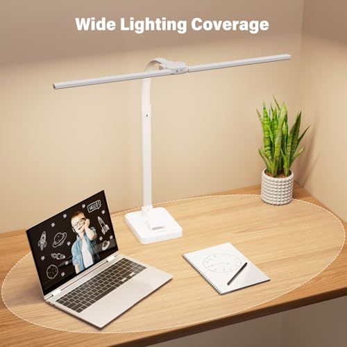 Image of LED Desk Lamp with Base - Bright Dimmable Computer Lamp with Phone Holder, 24W Bendable Desk Light for Monitor Screen, Eye-Caring Tall Desktop Light for Task Home Office Work, White, Dual Head