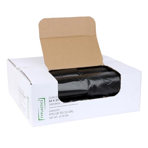 Typlastics Black Trash Bags, 10-15 Gallon,1000 Count, 24" x 33", High Density Garbage Bags for Bathroom,Kitchen, Office, Industrial, Commercial, Janitorial, Municipal, Recycling