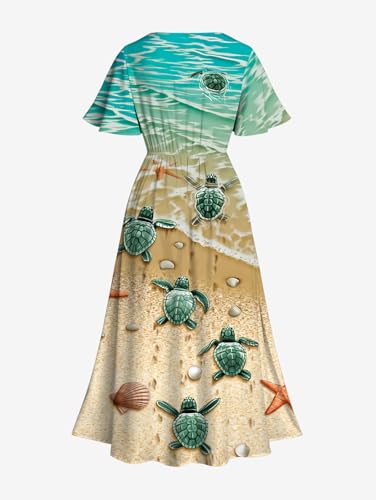 Image of Matchable Couple Hawaiian Sea Beach Starfish Turtle Shell Print Shirt or Plus Size Midi Split A Line Dress