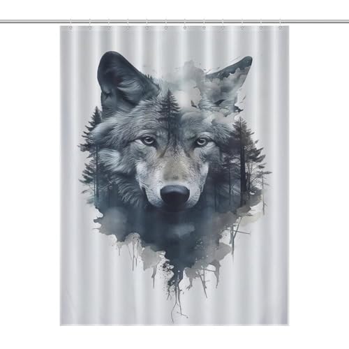 Rideau de douche loup imperméable en polyester résistant avec 12 crochets