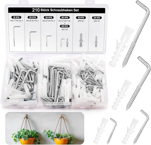 REJOECE 210 Piezas Ganchos Roscados en Forma de L, 4 Tamaños Ganchos de Ángulo Recto de Galvanizado, Blanco Alcayatas Pared en Forma de L con Tubo de Expansión, para Colgar en Casa