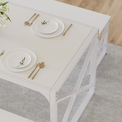 Image of VECELO 55 inch Kitchen Dining Table Set for 4, Heavy-Duty Steel Frame & Wood-Grain Tabletop, Space-Saving Dinette Sets with 2 Benches for Breakfast Nook and Small Space, White