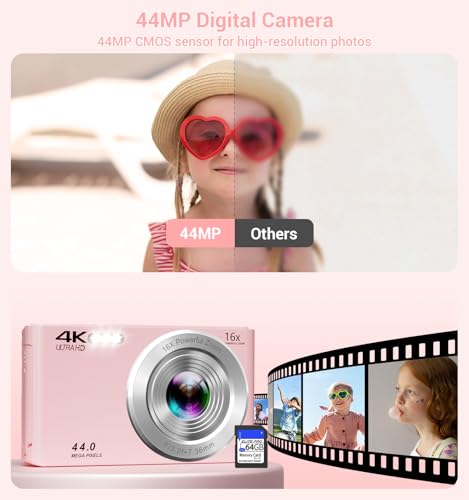 Image of Digital Camera,Upgraded FHD 4K Pink Digital Camera for Teens Girls,Compact Digital Cameras with 64GB Memory Card,2 Batteries,Small Camera with 16X Autofocus Digital Zoom for Vlogging