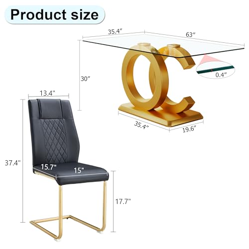 FFIKK 7 Piece Dining Table Set,Glass Dining Table Set for 6,Modern Dining Table and Faux Leather Padded Seats for Kitchens, Living Rooms, Bedrooms (Gold Table-Black Chair A-6)