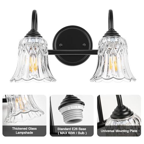 Image of Vintage Farmhouse Vanity Wall Sconce Lighting, 2-Light Matte Black Bathroom Vanity Light Over Mirror with Flower Glass Shade, 14.6 inch Retro Wall Lamp for Hallway Bedroom Living Room