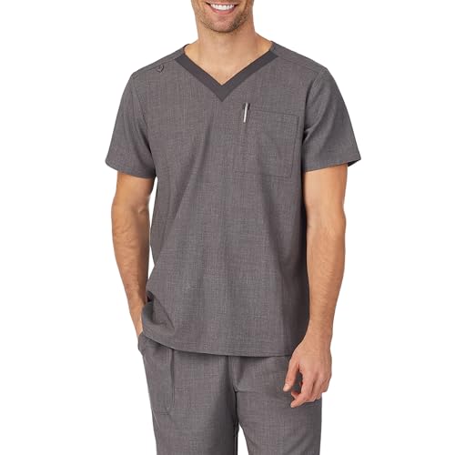 Cuddl Duds Mens V-Neck Scrubs Shirt - Breathable All-Day Comfort Lightweight Medical Scrub Top - Badge Loop, Pen Slot & Chest Pocket Nurse Essentials for Men, Charcoal Heather, X-Large