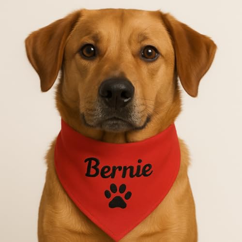Personalisiert Hunde Bandana, Verstellbare Hunde Dreiecks Halstuch, Wunschname, Gestickt Name des Hundes, Baumwolle Kopftücher Hundehalstuch Dreieckstuch (L, rot)