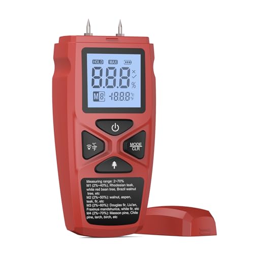 Mulcort Wood Moisture Meter Thermometer for Hard Wood Soft Wood Paper Bamboo Herbs LCD Display High Precision and Fast Response Data Hold Low Battery Indication 4 Measuring Range, Red