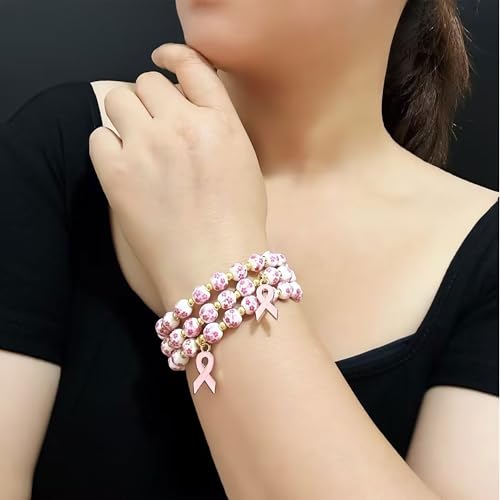 Choistily Breast Cancer Awareness Bracelets Pink Ribbon Bracelet for Women Pink Flower Breast Awareness Accessories Stretch Handmade Bracelet3
