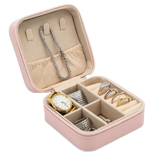 Generico Portagioie Donna Compatto Rosa, Porta Gioielli da Viaggio con Scomparti e Chiusura Zip, Elegante, Salvaspazio, Ideale per Anelli, Orecchini e Collane