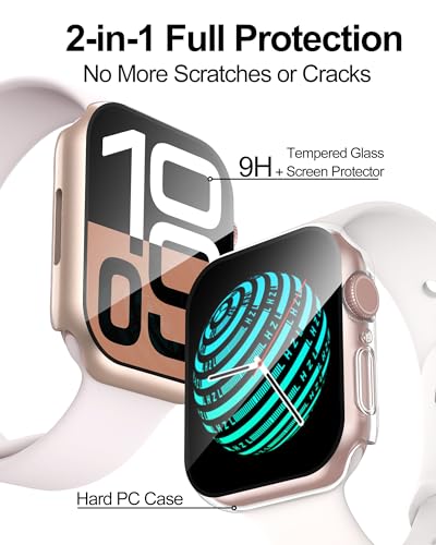 Image of Smiling 2 Pack Case Compatible with Apple Watch Series 11 (2025) / Series 10 46mm with Tempered Glass Screen Protector, Hard PC Case Overall Protective Cover- 1 Rose Gold + 1 Transparent