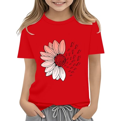 Girls Loose Fit Sunflower Graphic T Shirts Short Sleeve Crewneck Cute Pattern Printed Tops Kids (B-Red, 10-11 Years)