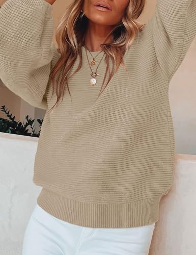 Image of ZESICA Women's Crew Neck Long Lantern Sleeve Fall 2026 Casual Loose Ribbed Knit Solid Soft Pullover Sweater Tops