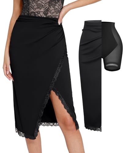 Popilush Midi Skirts for Women Lace Shapewear Split Satin High Waisted Bodycon Long Skirt Built-in Tummy Control Black