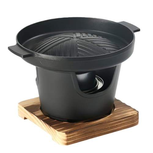 Gamire 焼肉プレート 一人用 二人用 焼肉コンロ 和風 固形燃料対応 ミニ ジンギスカン 鍋 卓上 鋳鉄 丸型 軽量 木台付き 掃除が簡単 アウトドア アウトドア 業務用 家庭用 店?用 (E)