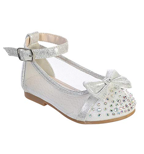 Silver Infant Toddler Girls Mesh Flats with Elastic Strap/Rhinestone and Bow Flower Girls Shoes #137 Silver Size 3