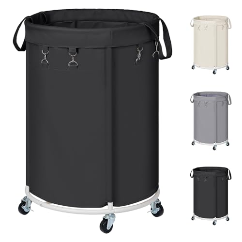 150L Grande Panier à Linge avec Roulettes, Chariot Linge Sale Rond avec Cadre en Métal et Sac d'Oxford Imperméable, Panier à Linge avec Poignées pour...