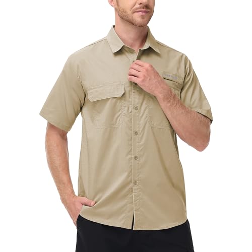 Satankud Fishing Shirts for Men Short Sleeve Sun Protection Cooling Hiking Shirt for Travel Safari Camping Work (Khaki