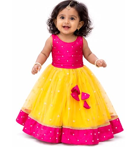 Image of Girls Designer Lehenga Choli Set Orange Rani Pink Readymade Pattu Pavadai Style Traditional Ethnic Dress for Baby Girls Kids Festive Wedding 3Months-8 Years