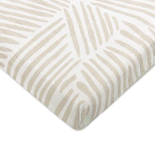 Image of Babyletto 100% Organic Cotton All-Stages Midi Crib Sheet, GOTS-Certified, Fitted 360°, Ultra-Soft and Breathable Muslin - Oat Stripe