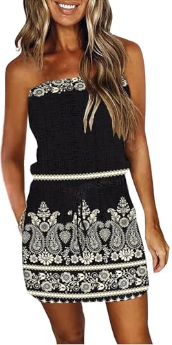 Image of Summer Dress for Women Strapless Beach Cover Ups Boho Sundress Mini Dress Drawstring Waist with Pockets