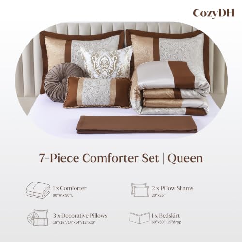 Image of CozyDH Queen Comforter Set Brown Cream - 7 Piece Luxury Jacquard Damask Bed in a Bag, Elegant Twisted Cord Edging, All Season Down Alternative Bedding with Bed Skirt, Shams, Decorative Pillows