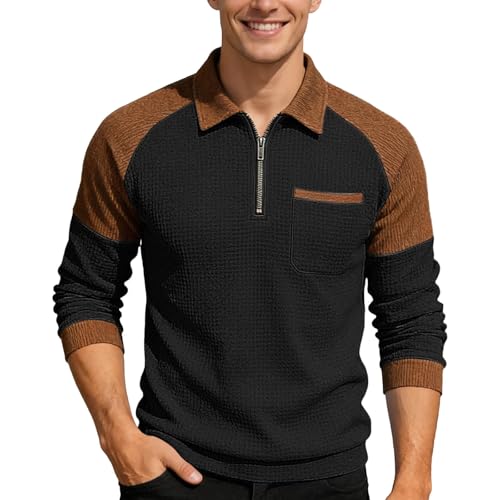 Image of Polo Shirts for Men Adult Knit Half Zip Shirt Casual Long Sleeve Top with Collar Comfortable Breathable Athletic Pullover Outdoor Sports and Daily Wear (Black, L)