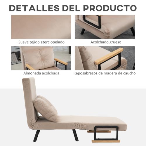 Miniatura 6 de Homcom Sofá Cama De 1 Plaza 4 En 1 Sofá Cama Plegable Tapizado En Terciopelo Con Respaldo Ajustable De 5 Niveles Y Almohada Acolchada Para Oficina Dormitorio Salón 63x73x81 Cm Beige