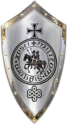 Medieval Battle 16-Inch Decorative Wall Shield, Red Cross Design, Silver Metal Finish (Battle Armor Shield Metal)
