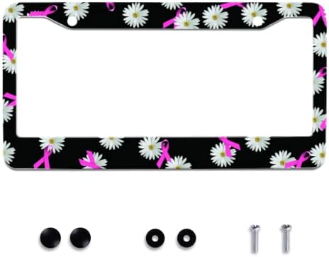 Personalise Breast Cancer Pink Ribbon Daisy License Plate Frames License Plate Frame Car Universal Stainless Steel Accessories Cars Decor 2 Holes and Screw Fits Standard US Vehicles Size 12.2 x 6 Inch
