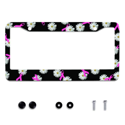 Personalise Breast Cancer Pink Ribbon Daisy License Plate Frames License Plate Frame Car Universal Stainless Steel Accessories Cars Decor 2 Holes And Screw Fits Standard Us Vehicles Size 12.2 X 6 Inch #TOP3