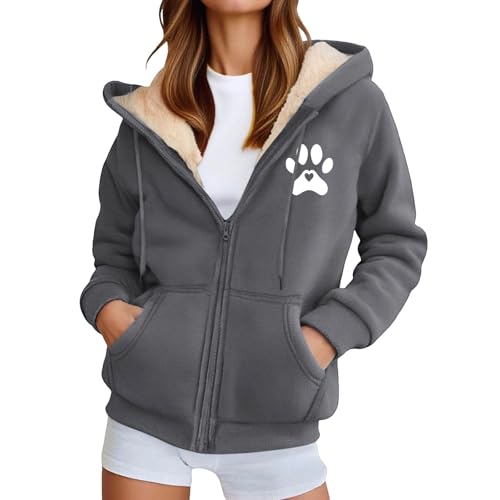 Generisch Unisex Kapuzenjacke mit Teddyfutter und Pfoten-Herz-Motiv - Gefütterte Fleece-Jacke mit Reißverschluss | Warme Winterjacke für Tierfreunde